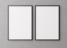 Two blank vertical picture frames hanging on concrete wall. Template, mock up for your picture or poster. Copy space. 3D rendering. photo