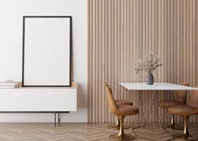 Empty vertical picture frame on white wall in modern dining room. Mock up interior in minimalist, contemporary style. Free space, copy space for your picture. Dining table, chairs, vase. 3D rendering.