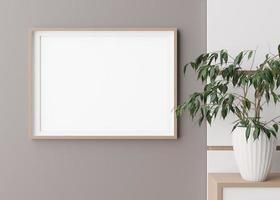 Blank horizontal picture frame hanging on beige wall. Template, mock up for your artwork, picture or poster. Empty, copy space. Close up view. Simple, minimalist mockup. 3D rendering. photo