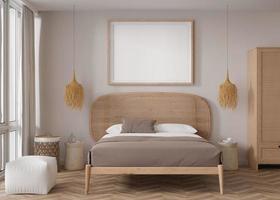 Empty horizontal picture frame on beige wall in modern bedroom. Mock up interior in boho style. Free, copy space for your picture, poster. Bed, rattan basket. 3D rendering. photo