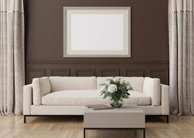 Empty horizontal picture frame on brown wall in modern living room. Mock up interior in classic style. Free, copy space for your picture, poster. Sofa, table, flowers in vase. 3D rendering. photo