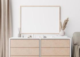 Empty picture frame on white wall in modern bedroom. Mock up interior in scandinavian style. Close up view. Free space for your picture, poster. Console, vase, pampas grass, cosmetic. 3D rendering. photo