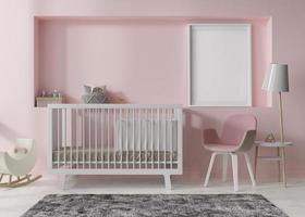 Empty vertical picture frame on pink wall in modern child room. Mock up interior in scandinavian style. Free, copy space for your picture, poster. Bed, toys. Cozy room for kids. 3D rendering. photo