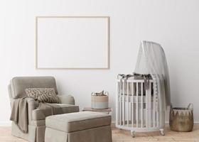 Empty horizontal picture frame on white wall in modern child room. Mock up interior in scandinavian style. Free, copy space for your picture. Baby bed, armchair. Cozy room for kids. 3D rendering. photo