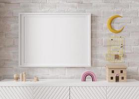 Empty horizontal picture frame on white brick wall in modern child room. Mock up interior in scandinavian style. Free, copy space for picture. Toys, cozy room for kids. Close-up. 3D rendering. photo