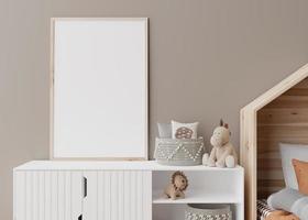 Empty vertical picture frame on brown wall in modern child room. Mock up interior in scandinavian style. Free, copy space for your picture. Close up view. Cozy room for kids. 3D rendering. photo