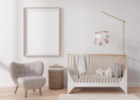 Empty vertical picture frame on white wall in modern child room. Mock up interior in scandinavian style. Free, copy space for your picture. Baby bed, armchair. Cozy room for kids. 3D rendering. photo