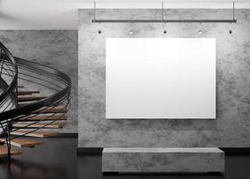 lienzo horizontal blanco vacío sobre una pared de hormigón en una galería de arte moderno. maqueta interior en estilo contemporáneo. gratis, copie el espacio para su imagen. espacio de exibición. representación 3d foto