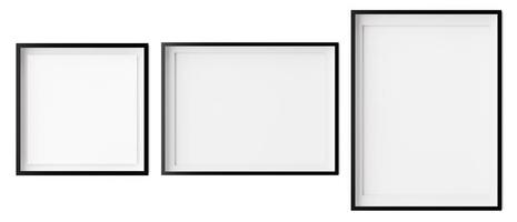 Set of square, horizontal und vertical picture frames isolated on white background. Black frames with white paper border inside. Template, mockup for your picture or poster. 3d rendering. photo