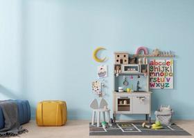 Empty light blue wall in modern child room. Mock up interior in scandinavian style. Copy space for your picture or poster. Cozy room for kids. 3D rendering. photo