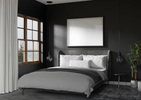 Empty picture frame on black wall in modern bedroom. Mock up interior in contemporary style. Free, copy space for your picture, poster. Bed, plants. 3D rendering. photo