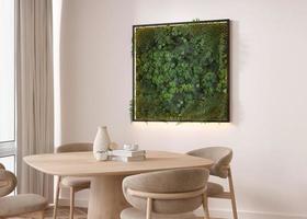Stabilized moss hanging on the wall in modern interior. Panel of green moss. Beautiful square decoration element, made of stabilized plants, grass, moss, fern and green leaves. 3d rendering.