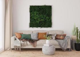 Stabilized moss hanging on the wall in modern interior. Panel of green moss. Beautiful square decoration element, made of stabilized plants, grass, moss, fern and green leaves. 3d rendering. photo