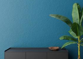 Empty blue wall. Mock up interior in contemporary style. Close up view. Free space, copy space for your picture, text, or another design. Sideboard, plant. 3D rendering. photo