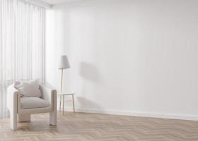 Room with parquet floor, white wall and empty space. Armchair, table. Mock up interior. Free, copy space for your furniture, picture, decoration and other objects. 3D rendering. photo