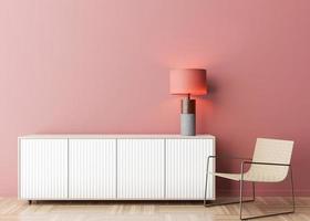 Empty pink wall in modern living room. Mock up interior in contemporary style. Free space, copy space for your picture, text, or another design. Sideboard, armchair, lamp. 3D rendering. photo