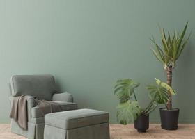 Empty green wall in modern room. Mock up interior in contemporary, scandinavian style. Free, copy space for picture, poster, text, or another design. Armchair, plants. 3D rendering. photo