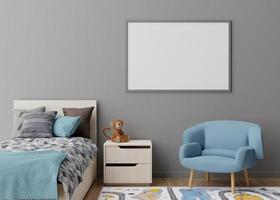 Empty horizontal picture frame on gray wall in modern child room. Mock up interior in scandinavian style. Free, copy space for your picture, poster. Bed, toys. Cozy room for kids. 3D rendering. photo