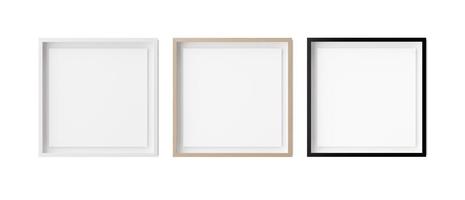 conjunto de marcos cuadrados aislados sobre fondo blanco. marcos blancos, de madera y negros con borde de papel blanco en el interior. plantilla, maqueta para tu foto o póster. representación 3d