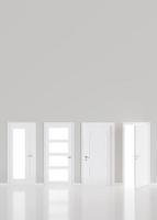 Modern white doors in empty room. Copy space for text, advertising. Production and trade of interior doors. Stylish internal door. Manufacture and sale. Vertical layout. 3D rendering. photo