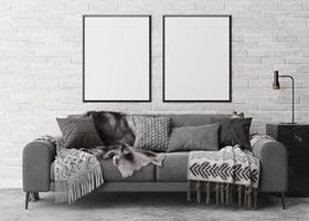 Two empty vertical picture frames on white brick wall in modern living room. Mock up interior in contemporary style. Free space for picture, poster. Sofa, console, lamp. 3D rendering. photo