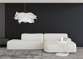 pared negra vacía en la sala de estar moderna. maqueta interior en estilo contemporáneo. gratis, copie el espacio para su imagen, texto u otro diseño. sofá, alfombra, mesa, lámpara. representación 3d foto