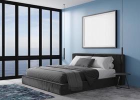 Empty picture frame on blue wall in modern bedroom. Mock up interior in contemporary style. Free, copy space for your picture, poster. Bed, lamps, panoramic window, sea view. 3D rendering. photo