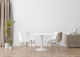 Empty white wall in modern living room. Mock up interior in contemporary, scandinavian style. Free, copy space for picture, poster, text, or another design. Console, table, plant. 3D rendering. photo