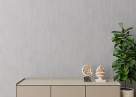 Empty gray wall. Mock up interior in contemporary style. Close up view. Free space, copy space for your picture, text, or another design. Sideboard, plant, sculptures. 3D rendering. photo