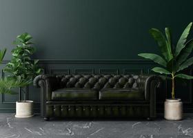 pared verde oscura vacía en la sala de estar moderna. interior simulado en estilo clásico. espacio libre, copie el espacio para su imagen, texto u otro diseño. sofá de cuero, plantas. representación 3d foto