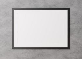 Blank, black horizontal picture frame hanging on concrete wall. Template, mock up for your picture or poster. Copy space. 3D rendering. photo