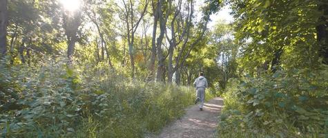 A young guy in a gray sports suit runs along the path among the photo