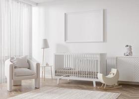 marco de imagen horizontal vacío en la pared blanca en la habitación infantil moderna. maqueta interior en estilo escandinavo. gratis, copie el espacio para la imagen. cama, sillón, juguetes. habitación acogedora para niños. representación 3d foto