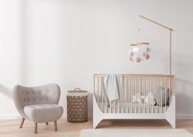 Empty white wall in modern child room. Mock up interior in scandinavian style. Copy space for your picture or poster. Bed, armchair, rattan basket. Cozy room for kids. 3D rendering. photo