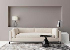 Empty grey wall in modern living room. Mock up interior in contemporary style. Free, copy space for your picture, text, or another design. Sofa, carpet, table. 3D rendering.