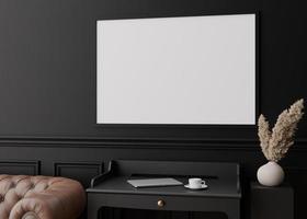 Empty picture frame on black wall in modern living room. Mock up interior in contemporary style. Close up view. Free space for your picture, poster. Console, vase, pampas grass. 3D rendering. photo