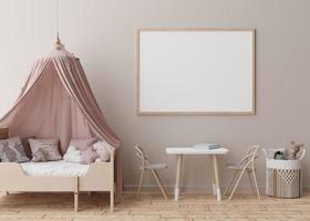 Empty horizontal picture frame on cream wall in modern child room. Mock up interior in scandinavian style. Free, copy space for your picture, poster. Bed, toys. Cozy room for kids. 3D rendering. photo