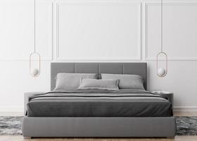 Empty white wall in modern and cozy bedroom. Mock up interior in minimalist, contemporary style. Free, copy space for your picture, text, or another design. Bed, lamps. 3D rendering. photo