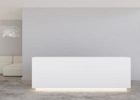 White reception counter in modern room with light gray walls. Blank registration desk in hotel, spa or office. Reception mock up with copy space for branding, logo. Contemporary style. 3D rendering. photo