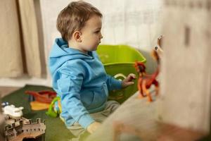 Little caucasian boy with blue hoodie playing with colourful toys at home. Child having fun. Happy and cheerful kid plays with ship, dinosaurs, castle. Leisure activity, domestic life. Cozy room. photo