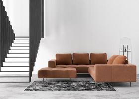 Empty white wall in modern living room. Mock up interior in contemporary, loft style. Free, copy space for your picture, text, or another design. Sofa, lamp, carpet, stairs. 3D rendering. photo
