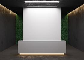 White reception counter in modern room with dark walls. Blank registration desk in hotel, spa or office. Reception mock up with copy space for branding, logo. Contemporary style. 3D rendering. photo