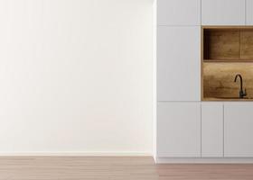 habitación con suelo de parquet, pared blanca y espacio vacío. Muebles de cocina. simulacros de interiores. gratis, copie el espacio para sus muebles, imágenes, decoración y otros objetos. representación 3d foto