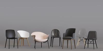 Banner with modern chairs and copy space for text, advertisement. Furniture store, interior details. Furnishings sale. Template with empty space. Minimalist design. 3d render. photo