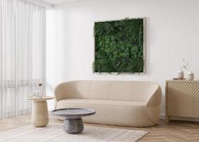 Stabilized moss hanging on the wall in modern interior. Panel of green moss. Beautiful square decoration element, made of stabilized plants, grass, moss, fern and green leaves. 3d rendering.