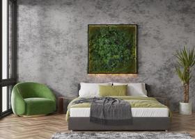 musgo estabilizado colgado en la pared en un interior moderno. panel de musgo verde. hermoso elemento de decoración cuadrado, hecho de plantas estabilizadas, hierba, musgo, helecho y hojas verdes. representación 3d