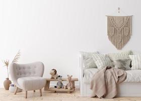 Empty white wall in modern child room. Mock up interior in scandinavian, boho style. Free, copy space for your picture, poster. Bed, dried grass, vase, macrame, toys. Cozy room for kids. 3D rendering.