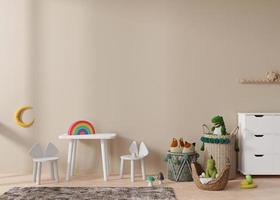 Empty light brown wall in modern child room. Mock up interior in scandinavian style. Copy space for your picture or poster. Table with chairs, rattan basket, toys. Cozy room for kids. 3D rendering.