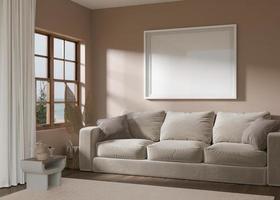 Empty horizontal picture frame on brown wall in modern living room. Mock up interior in contemporary style. Free, copy space for your picture, poster. Sofa, carpet. 3D rendering.