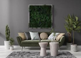 Stabilized moss hanging on the wall in modern interior. Panel of green moss. Beautiful square decoration element, made of stabilized plants, grass, moss, fern and green leaves. 3d rendering. photo